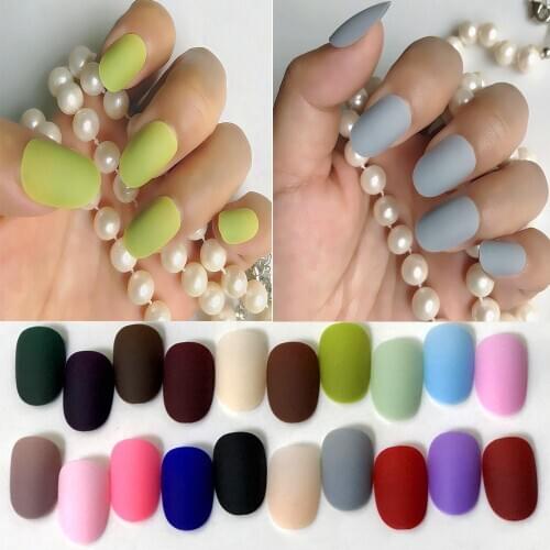 24 Pcs fashion short solid matte fake nails oval candy grey grass green artificial pressed false nail salon decoration complete