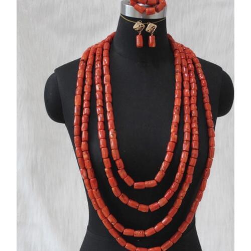 4UJewelry 12mm Coral Beads Bridal Jewelry Set For Women Wedding Dubai African Beads 4 Layers Long Jewellery Set Orange Tribal