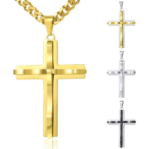 Black Gold Silver Color Cross Pendant Necklace Stainless Steel Curb Cuban Link Chain Jesus Jewelry Gifts KPM137