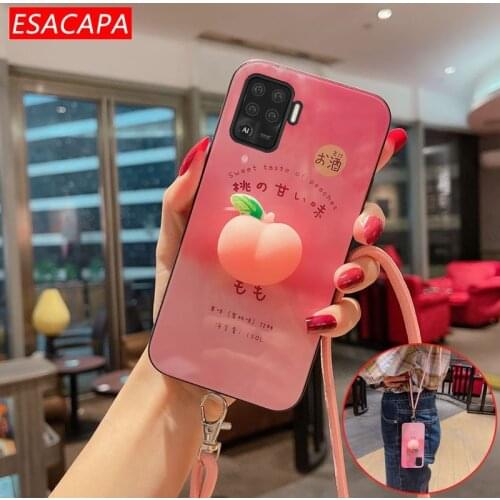 Relieve Stress Peach Phone Case For OPPO A94 A93 5G A92S A73 2020 Lanyard Necklace Tempered Glass Cover For OPPO Reno 4 lite F17