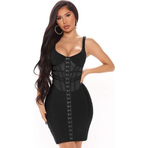 Sleeveless Black Bandage Dress Womens Mesh Patchwork Skinny Vestidos Fashion See Through Party Sexy Dresses