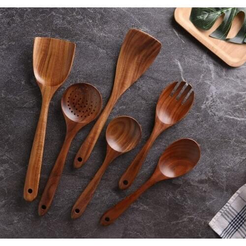 Wooden Utensils Set Of 6 Large Kitchen Cooking Utensil For Non Stick Cookware Natural Teak Wood Spoons Spatula Ladle Colander