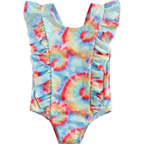 Infant One-piece Swimsuit, Baby Girl Tie-dye Print Fly Sleeve Round Neck Ruffle Swimwear 6M-5T Tankini