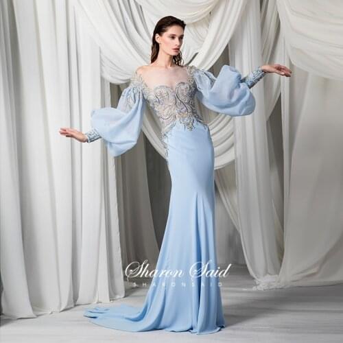 Sky Blue Mermaid Dubai Evening Dress Crystal Long Sleeve Arabic Special Occassion Dresses Muslim Women Wedding Formal Prom Gown