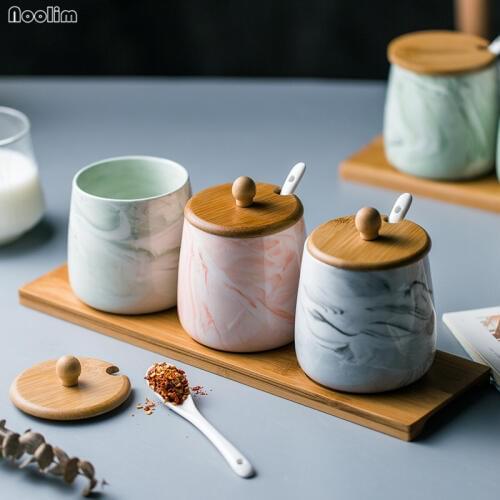 Nordic Marble Creative Ceramic Seasoning Jar With Wood Tray Household Oil Salt Herb Spice Storage Tools Set Kitchen Accessories