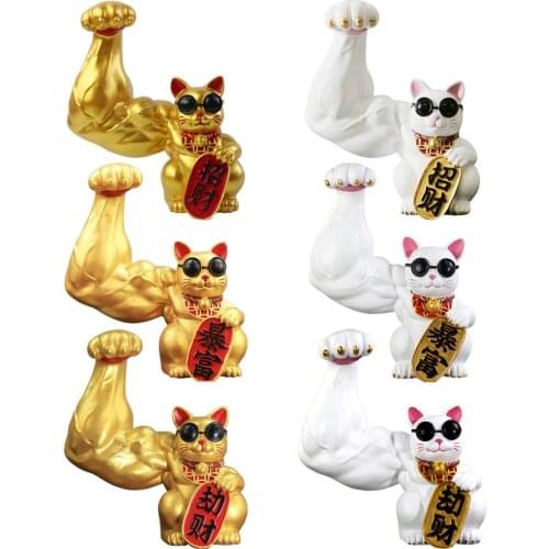 Chinese Muscle Arm Lucky Cat Figurine Feng Shui Cat Waving Huge Arm Lucky Greet