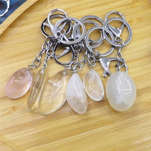 10pcs/Lot Natural White Crystal Alloy Lobster Clasp Key Ring Irregular Gemstones Quartz Key Ring Lucky Healing Aura Key Ring