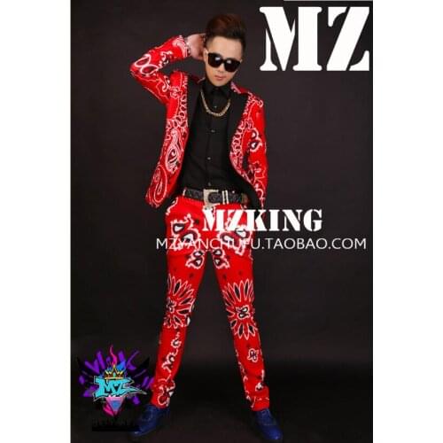 Mens fashion slim red cashew flower black collar stretch suit costume original male singer male DJ party dress
