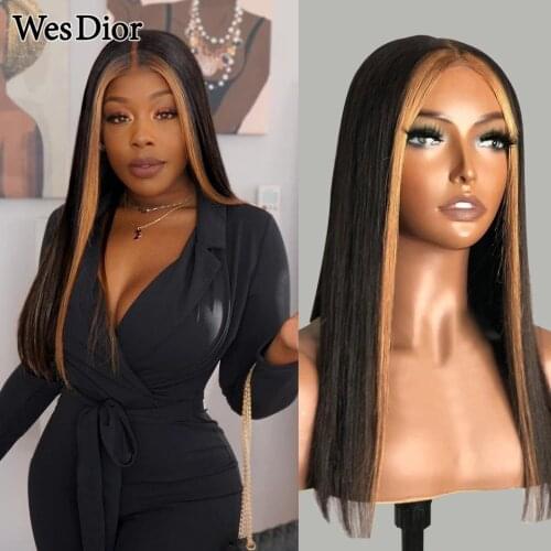 Honey Blonde Highlight Lace Front Wigs For Black Women Brazilian Straight Lace Front Human Hair Wig Preplucked 4x4 Lace Wig Remy