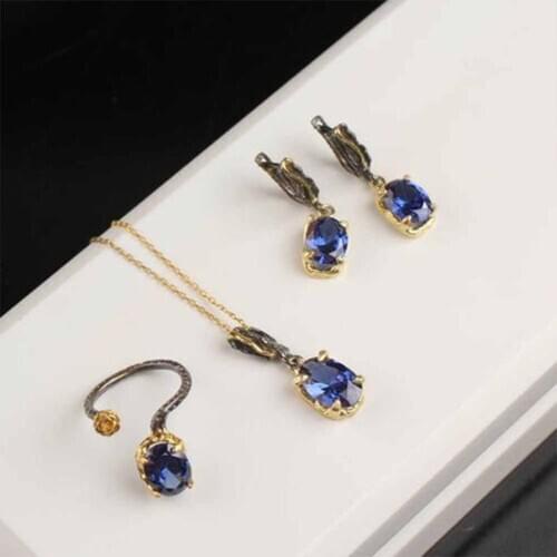 Oval cut Tanzanite Flower Silver Jewelry Set, Woman Silver Tanzanite Ring+ Necklace + Earrings, Handmade Woman Silver