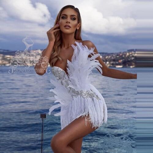 2021 New Fashion Short Crystals Tassel Cocktail Dresses Pretty White Feather Mini Formal Event Gowns Beads Homecoming Dress