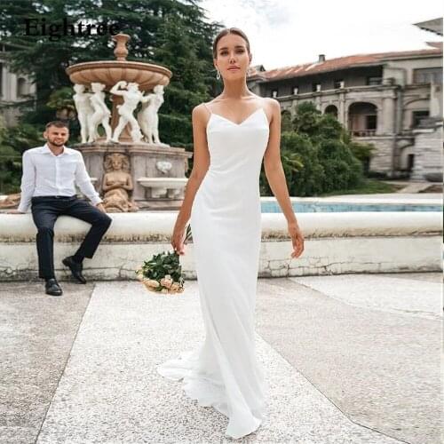Eightree Simple Spaghetti Straps Long Boho Wedding Dresses Satin Backless Button V Neck Bridal Gown Bride Dress Vestido Blanco