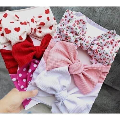 24PC=8sets/lot Large 7inch Adjustable Waffle Bows Baby Headband 3PC Headband,Girls Floral Prints Knot Bow Baby Turban Head Wraps