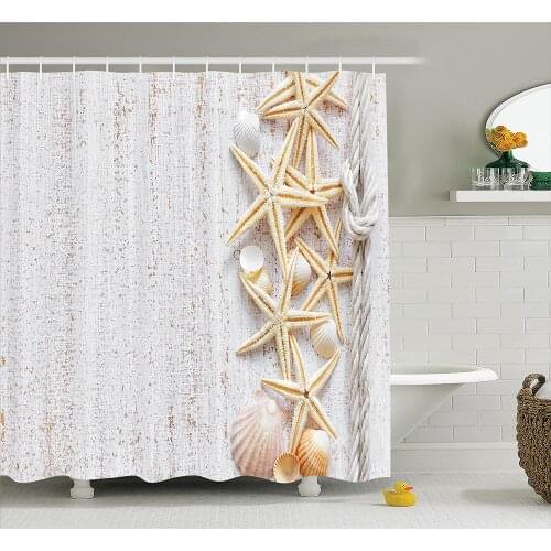 Seashells Shower Curtain Seashells and Starfish with Navy Rope in Vertical Direction Wood Surface Ocean Beach Bath Curtains