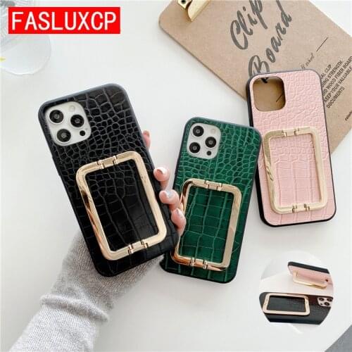 Luxury Crocodile Metal Square Support Phone Holder Leather Case for iPhone 12 Pro 11 Max Mini 6 7 8 Plus X XR XS Fashion Cover
