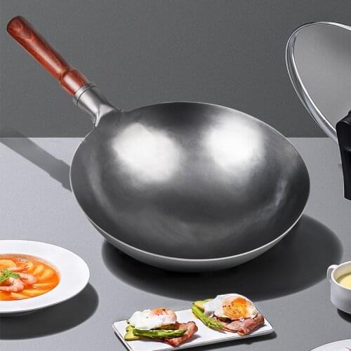 Wok Pan,No Chemical,Chinese Traditional Iron Wok With Detachable Wood Handle,Scratch Resistant Hand Hammered Pan Kitchen Cookwar