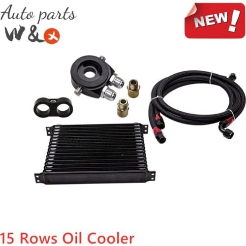Universal 15 ROW Oil Cooler & Sandwich Oil Adapter Aluminum Engine Oil Radiator AN10 10-AN OC-TOL15-1BK