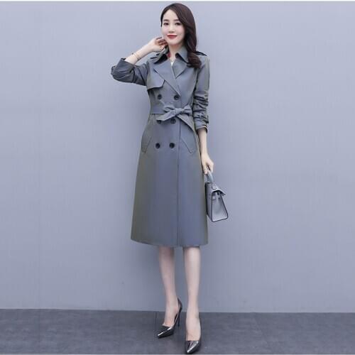 British Style Solid Color Windbreaker Female Autumn Double-breasted Casual Trench Coat Women Temperament Drape Wild Outwear Q215