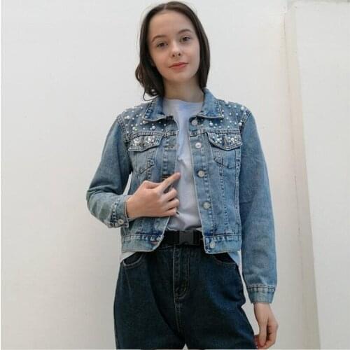 2021 Autumn Denim Jacket Coat Women Wash Overcoat Pearl Beading Jeans Jacket Basic Coats Streetwear Long Sleeve Casual Outerwear