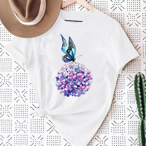 Women Flower Floral Butterfly New 90s Casual Fashion Print Sweet Summer Short Sleeve Lovely Clothes Tops Tees Tshirt T-Shirt
