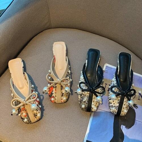 Koovan Womens Slippers 2021 new 5cm heel Womens Shoes Spring And Autumn Period Diamond Pearl Bow Slippers Sandals For Girls