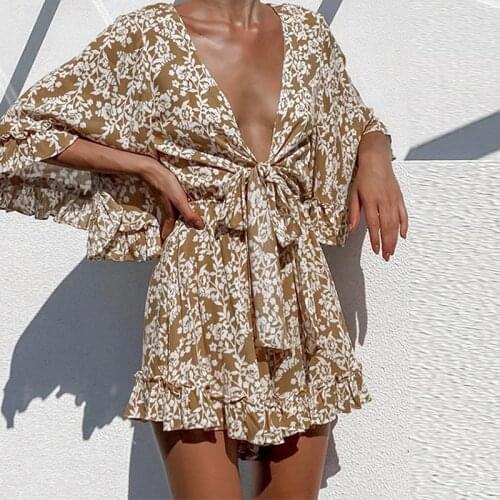 Summer 2021 Women Lace-up Print Playsuit Sexy V Neck Short Jumpsuits Casual Ruffles Playsuit Loose Female Beach Holiday Rompers