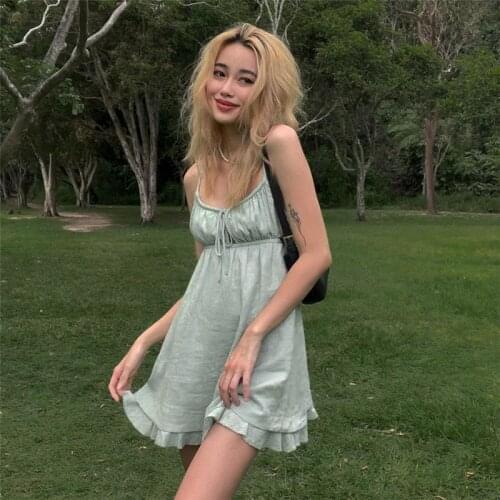 Camisole Ruffles Mini Dresses Women Solid Drawstring Spaghetti Strap Backless A Line Dress Ladies Fashion Green Sexy Mini Dress