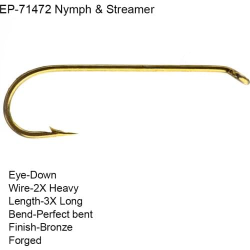 100pcs Eupheng EP-71472 Nymph And Streamer Fly Fishing Hook Bronze Color 2X Heavy 3X Long Nymph Flies Hook Streamer Flies Hook L