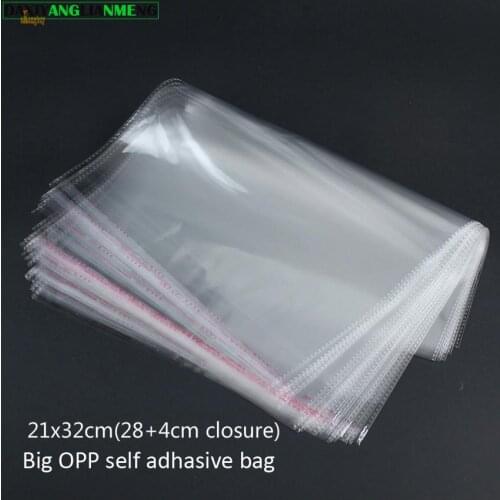 100pcs/lot Clear Resealable BOPP/Cellophane big 21x32cm(28+4) Transparent OPP gift bags Plastic packaging bag Self Adhesive Seal