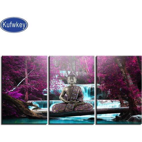 3 pcs diamond embroidery icons Waterfall Buddha purple tree Diamond painting 5D DIY cross Stitch Full Square round mosaic art
