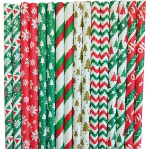 50pcs Christmas Series Mix Snowflake Noel Tree Stripe Wave Drinking Paper Straws New Year Party Decoration Disposable Supplies