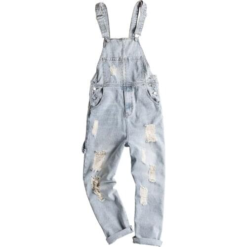 Super fire light-colored ripped denim bib men retro wash overalls suspenders men and women straight jeans