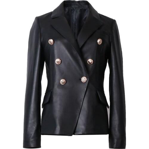 YOLOAgain Women Double Breasted Genuine Leather Blazer Jacket W1103