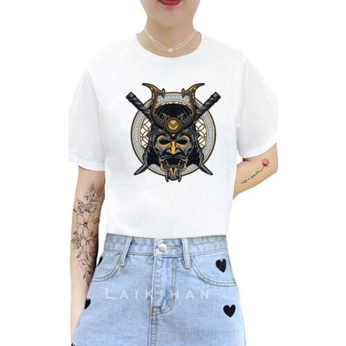 Japanese Cartoon Samurai Mask Cool Print Short-sleeved T-shirt Soft Sister Summer Student Loose Top Harajuku Gothic Women Shirts