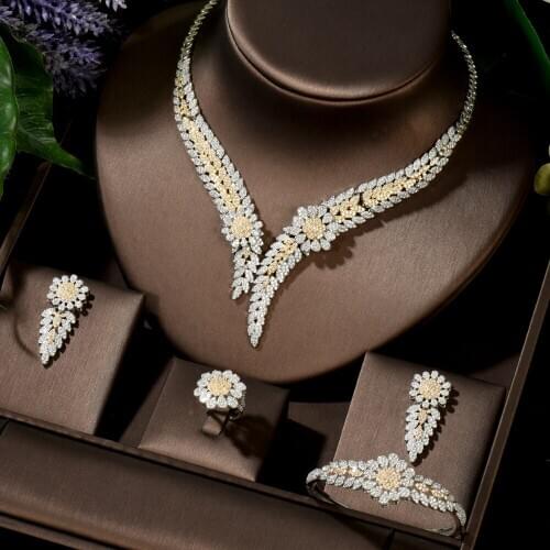 HIBRIDE 2 Tones Luxury Flower Women Wedding Cubic Zirconia Choker Necklace Earring Bangle Ring Jewelry Set Jewellery N-1438