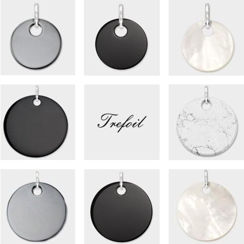 Round Black Pearl Stone Disc Pendant, Fashion Jewelry 925 Sterling Silver Trendy Gift For Women Girls Fit Necklace 2019 New