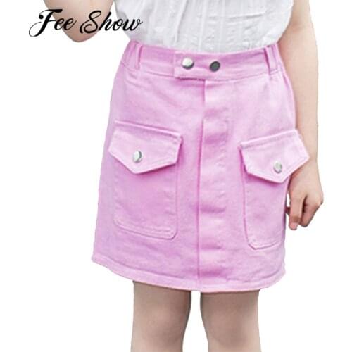Summer Kids Girls Cotton Denim Skirt Casual Pure Color A-line Pencil Skirt Fashion Short Skirts For Teen Girls Children Clothing