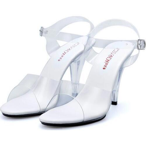 Summer Ultra-high Heel 7-10CM Transparent Crystal Women Shoes 2017 Sandals High Quality Model Catwalk Slides Plus Size 34-44