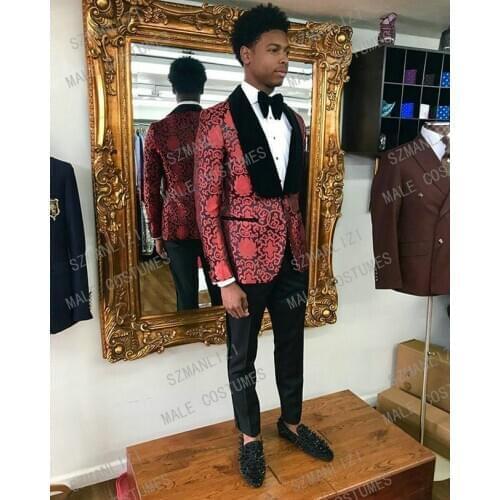 JELTONEWIN Costume Homme Burgundy Pattern Floral Men Suits With Pants Slim Fit Terno Mens Tuxedo Wedding Groom Prom Blazer