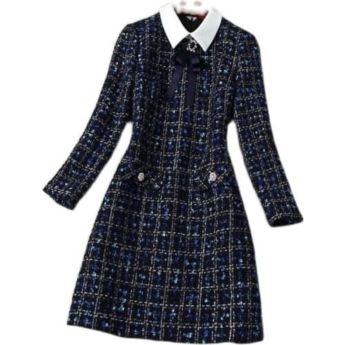 LUKAXSIKAX 2020 New Autumn Winter Women Luxury Runway Dress High Quality Bow Retro Plaids Tweed A-Line Mini Dress