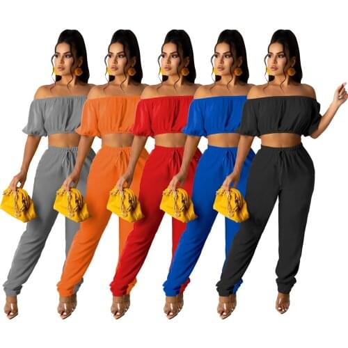 RStylish 2021 Summer New Arrivals Solid Color Off Shoulder Short Sleeve Crop Top Long Pants Women Two Piece Set