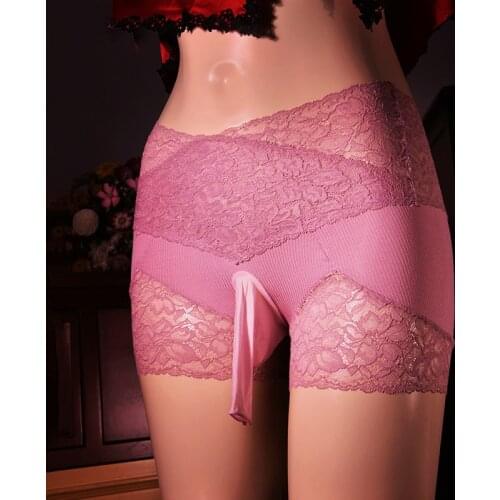 New Sexy Transparent Mens Plus size boxer shorts Breathable underwear cross Lace Penis Pouch Gay Opened Penis Sleeve