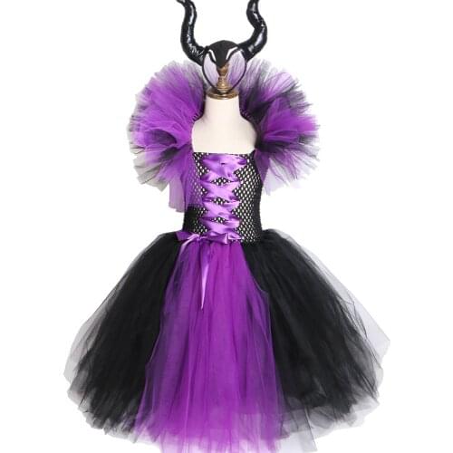 Girls Tutu Dress with Horns Maleficent Evil Queen Halloween Cosplay Witch Costume for Girls Party Dress Kids Cosplay Outfits