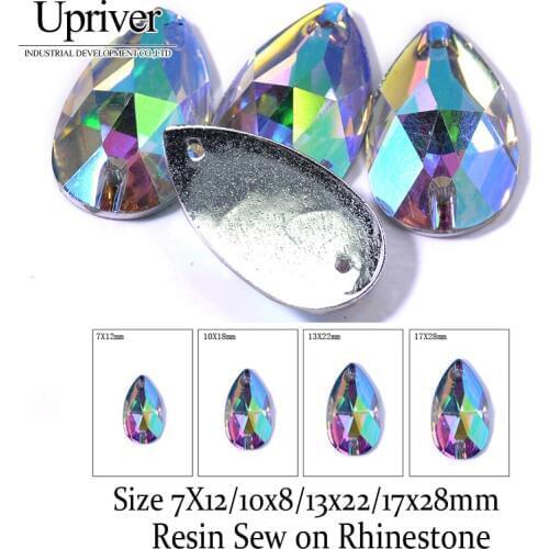 Upriver 100pcs/Lot Drop Resin Crystal AB Flat Back With Holes Resin Sew on Rhinestone Beads Stone For Dress Garment Bag