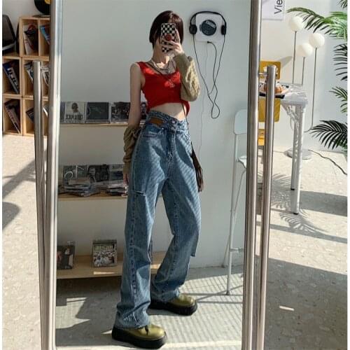 Ripped Jeans High Waist Women Casual 2021 Autumn Streetwear Korean Fashion Baggy Straight Wide Leg Pants Ladies Denim Trouser