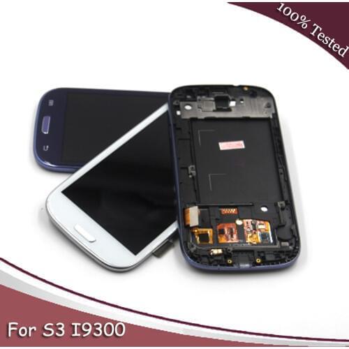 Blue White For Galaxy S3 i9300 LCD Display Touch Screen Digitizer with Home Botton Full Assembly + Bezel Frame