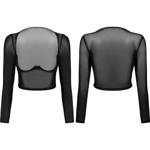 Women Exotic Tanks See-through Mesh Underwire Crop Top Open Nipples Underwear Nightwear Long Sleeve Black Sheer T-shirt Tops