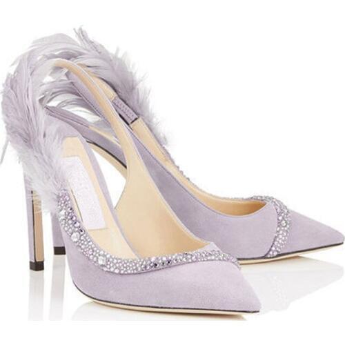 Spring Fall Feather Crystal Pumps Slingback High Heels Pumps Designers Bridal Wedding Office Lady Shoes Women Zapatos Mujer