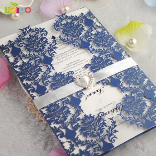 High quality free shipping navy blue 3d die cut wedding cards with insert paper and envelop