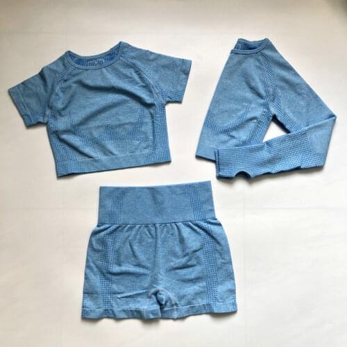 3pcs Women Sport Suit Vital Seamless Yoga Set Nylon Fitness Short Sleeve Crop Top Shirts Leggings Shorts Workout Clothes Gym Set